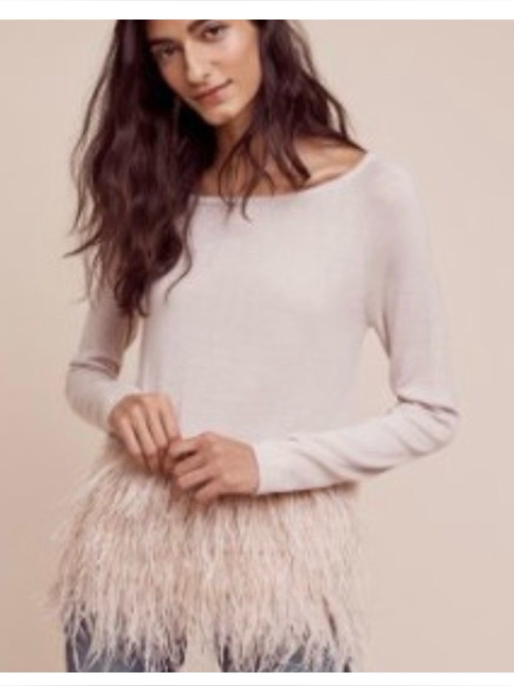 Anthropologie Cream Feather-Hem Pullover Sweater